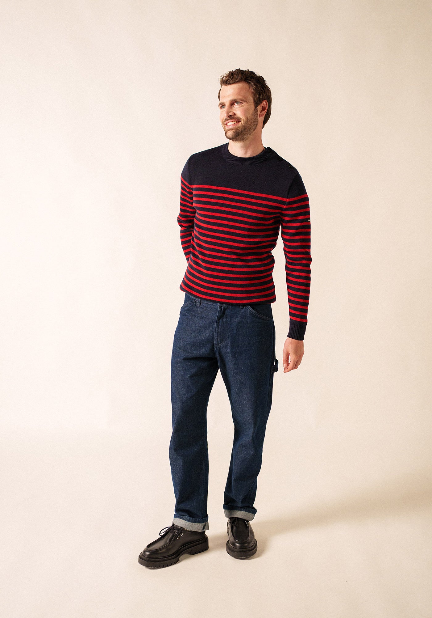 Pull marin rayé Rochefort - en laine mérinos (NAVY/MEDOC)